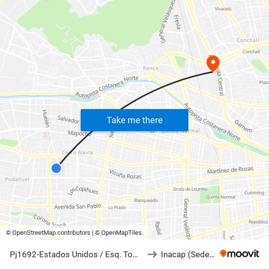 Pj1692-Estados Unidos / Esq. Tomás Alba Edison to Inacap (Sede Renca) map