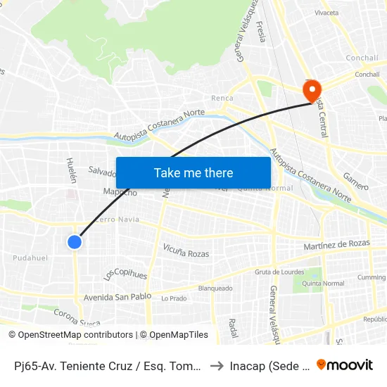 Pj65-Av. Teniente Cruz / Esq. Tomás Alba Edison to Inacap (Sede Renca) map