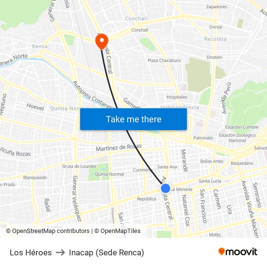Los Héroes to Inacap (Sede Renca) map