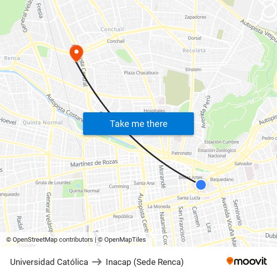 Universidad Católica to Inacap (Sede Renca) map