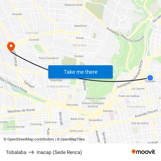 Tobalaba to Inacap (Sede Renca) map