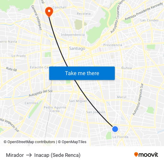Mirador to Inacap (Sede Renca) map