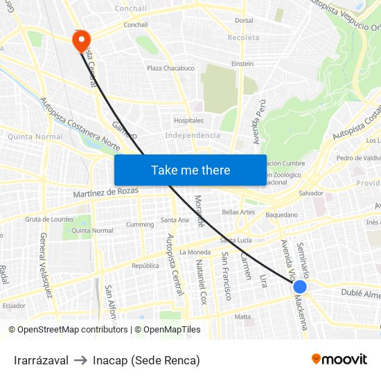 Irarrázaval to Inacap (Sede Renca) map
