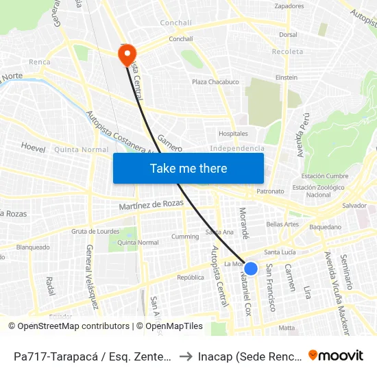 Pa717-Tarapacá / Esq. Zenteno to Inacap (Sede Renca) map
