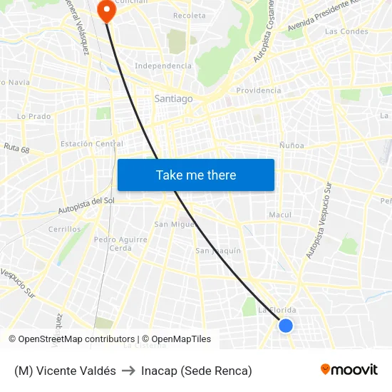 (M) Vicente Valdés to Inacap (Sede Renca) map