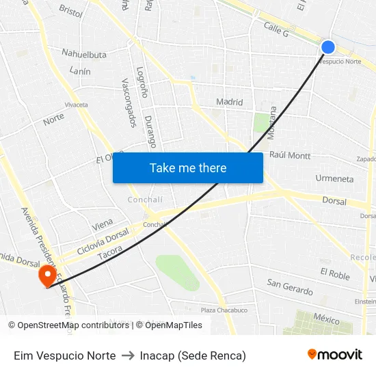 Eim Vespucio Norte to Inacap (Sede Renca) map