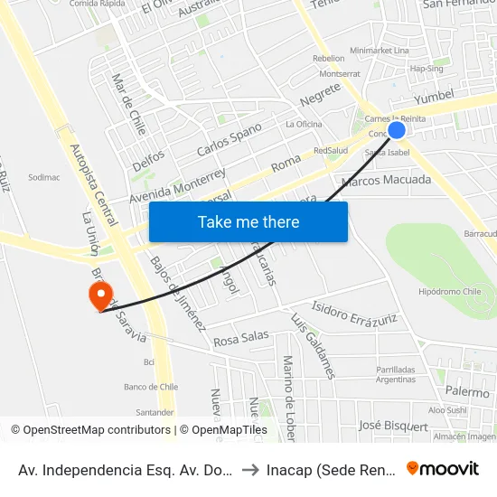 Av. Independencia Esq. Av. Dorsal to Inacap (Sede Renca) map