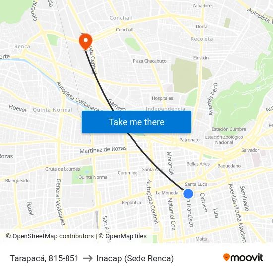 Tarapacá, 815-851 to Inacap (Sede Renca) map