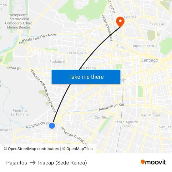 Pajaritos to Inacap (Sede Renca) map