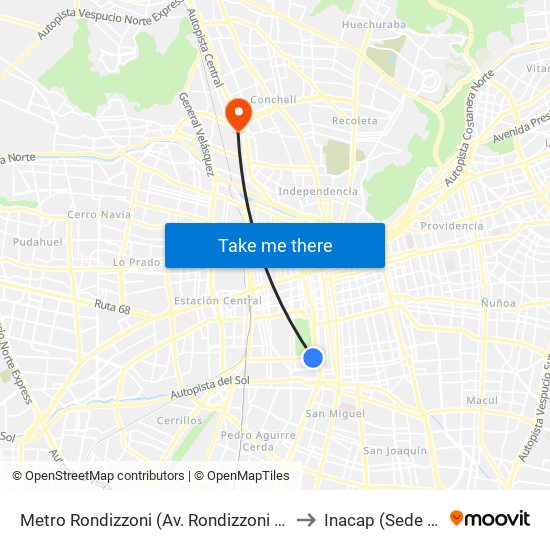 Metro Rondizzoni (Av. Rondizzoni Esq. Fábrica) to Inacap (Sede Renca) map