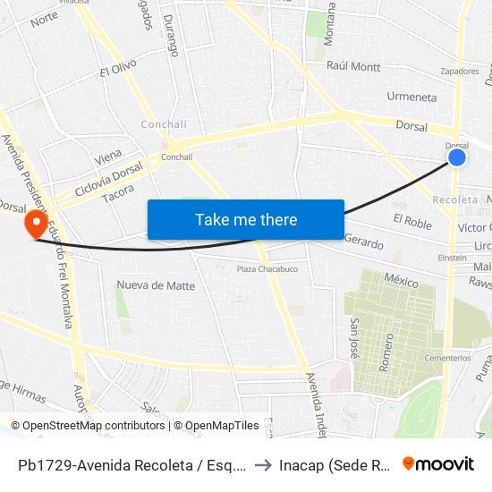 Pb1729-Avenida Recoleta / Esq. Estadio to Inacap (Sede Renca) map