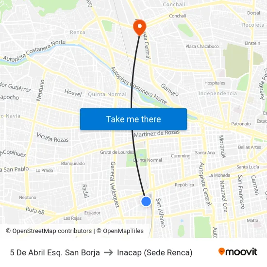 5 De Abril Esq. San Borja to Inacap (Sede Renca) map