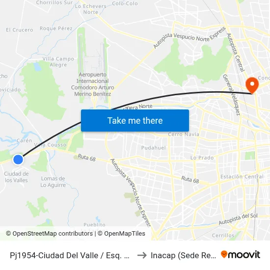 Pj1954-Ciudad Del Valle / Esq. Ruta 68 to Inacap (Sede Renca) map