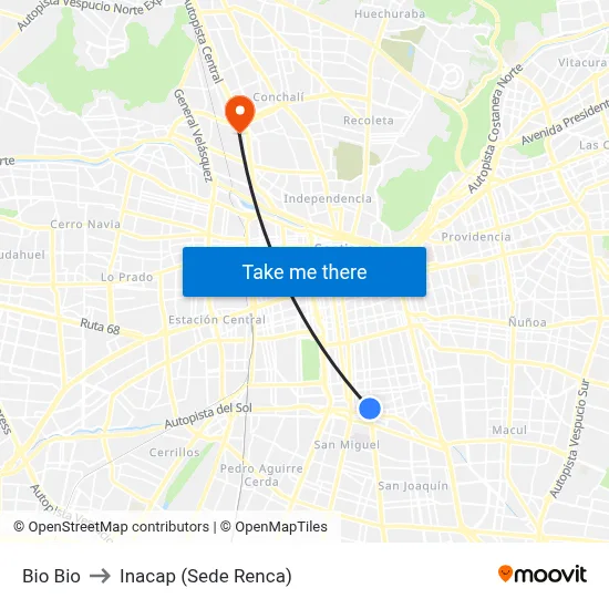 Bio Bio to Inacap (Sede Renca) map