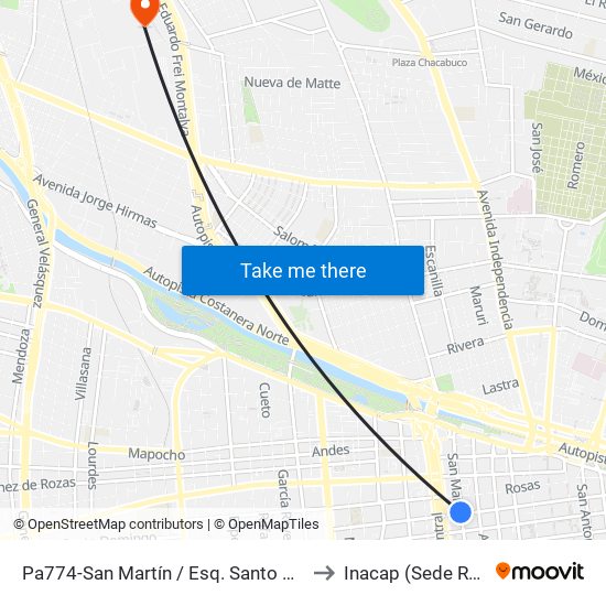 Pa774-San Martín / Esq. Santo Domingo to Inacap (Sede Renca) map