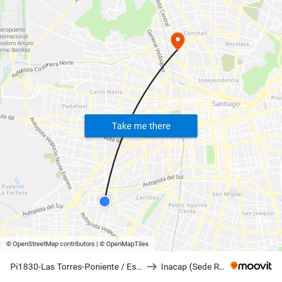 Pi1830-Las Torres-Poniente / Esq. Alaska to Inacap (Sede Renca) map