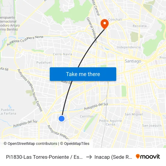 Pi1830-Las Torres-Poniente / Esq. Alaska to Inacap (Sede Renca) map