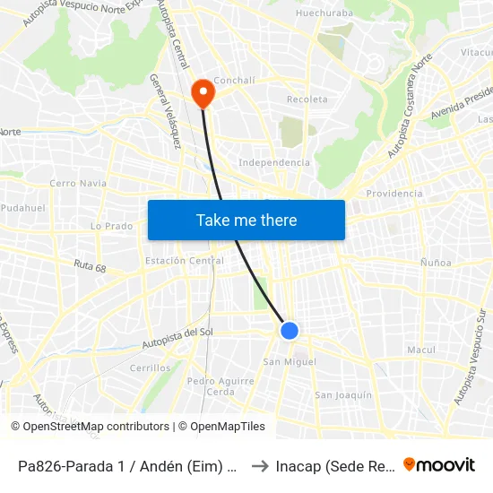 Pa826-Parada 1 / Andén (Eim) Franklin to Inacap (Sede Renca) map