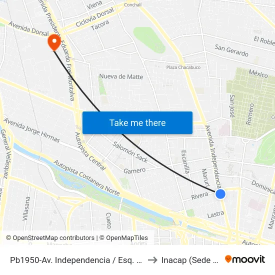 Pb1950-Av. Independencia / Esq. Dávila Baeza to Inacap (Sede Renca) map
