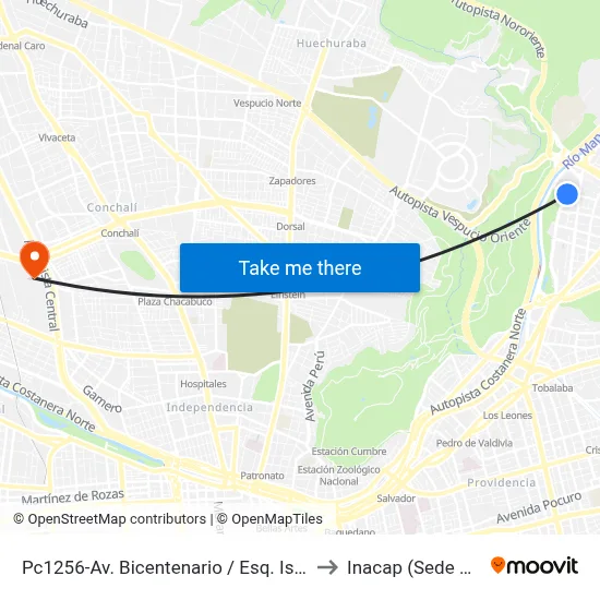Pc1256-Av. Bicentenario / Esq. Isabel Montt to Inacap (Sede Renca) map