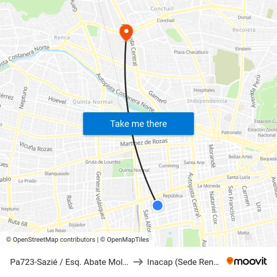 Pa723-Sazié / Esq. Abate Molina to Inacap (Sede Renca) map