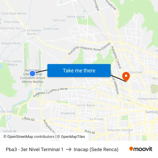Pba3 - 3er Nivel Terminal 1 to Inacap (Sede Renca) map