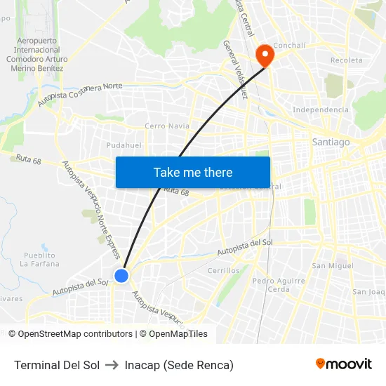 Terminal Del Sol to Inacap (Sede Renca) map