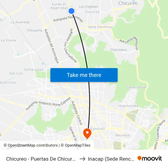 Chicureo - Puertas De Chicureo to Inacap (Sede Renca) map