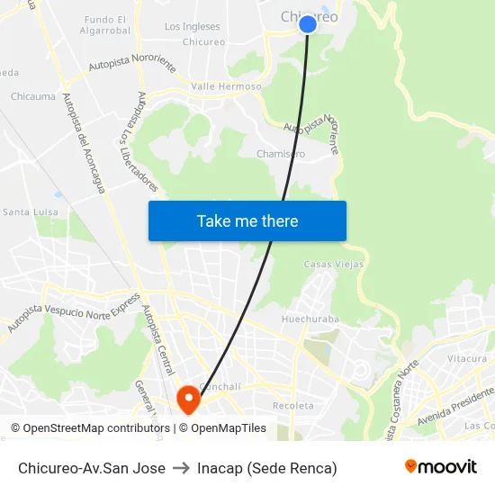 Chicureo-Av.San Jose to Inacap (Sede Renca) map