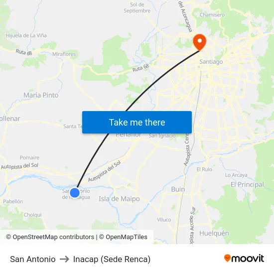 San Antonio to Inacap (Sede Renca) map