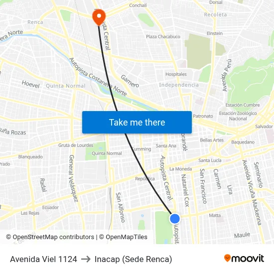Avenida Viel 1124 to Inacap (Sede Renca) map