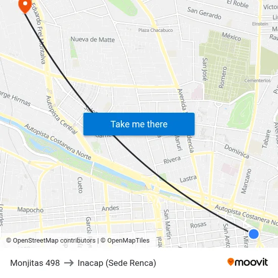 Monjitas 498 to Inacap (Sede Renca) map