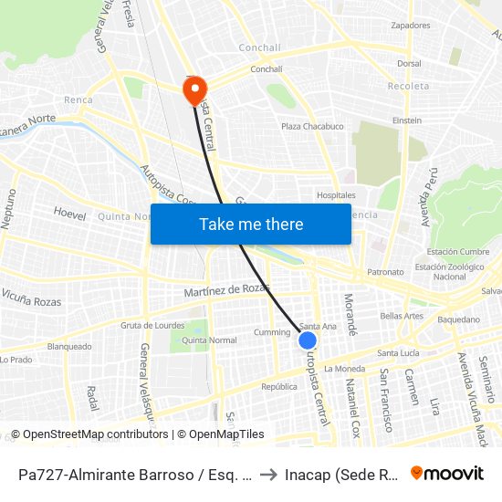 Pa727-Almirante Barroso / Esq. Moneda to Inacap (Sede Renca) map