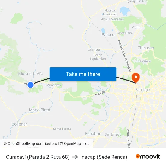 Curacaví (Parada 2 Ruta 68) to Inacap (Sede Renca) map