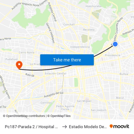 Pc187-Parada 2 / Hospital Metropolitano to Estadio Modelo De Pudahuel map