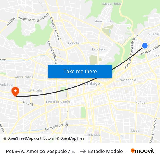 Pc69-Av. Américo Vespucio / Esq. Avenida Vitacura to Estadio Modelo De Pudahuel map