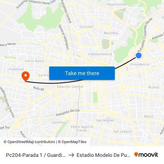 Pc204-Parada 1 / Guardia Vieja to Estadio Modelo De Pudahuel map