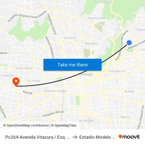 Pc264-Avenida Vitacura / Esq. Alonso De Córdova to Estadio Modelo De Pudahuel map