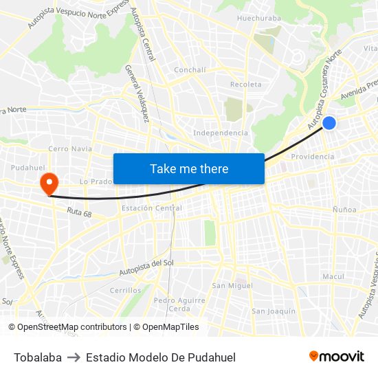 Tobalaba to Estadio Modelo De Pudahuel map