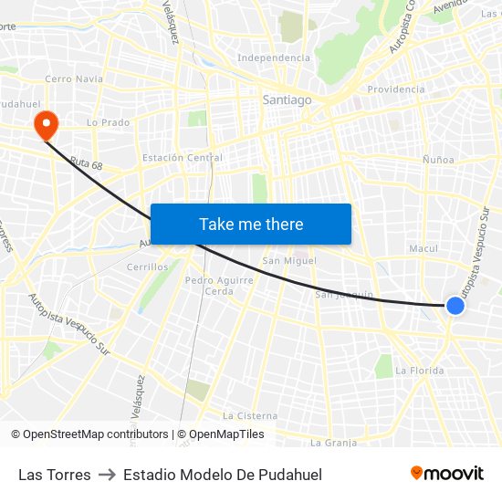 Las Torres to Estadio Modelo De Pudahuel map