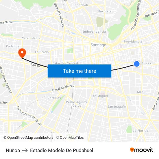 Ñuñoa to Estadio Modelo De Pudahuel map