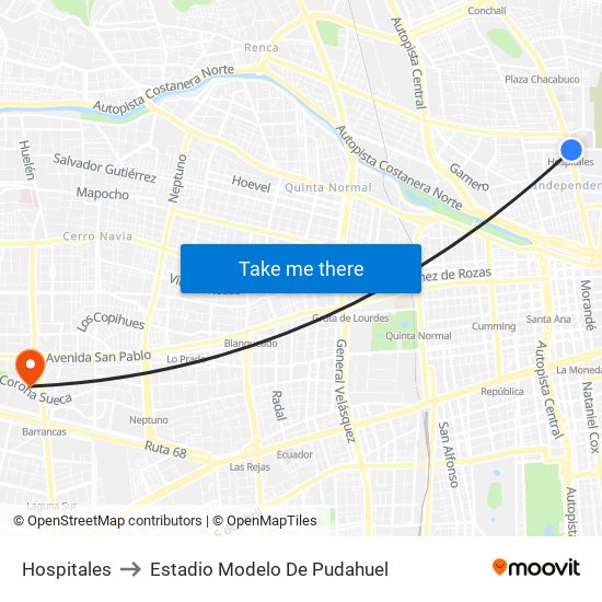 Hospitales to Estadio Modelo De Pudahuel map