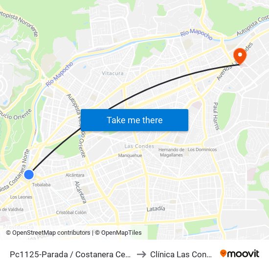 Pc1125-Parada / Costanera Center to Clínica Las Condes map