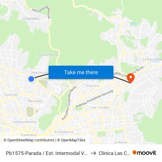 Pb1575-Parada / Est. Intermodal Vespucio Norte to Clínica Las Condes map