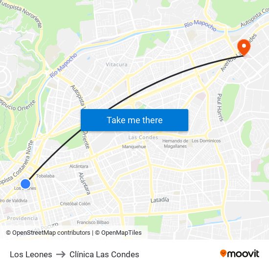 Los Leones to Clínica Las Condes map