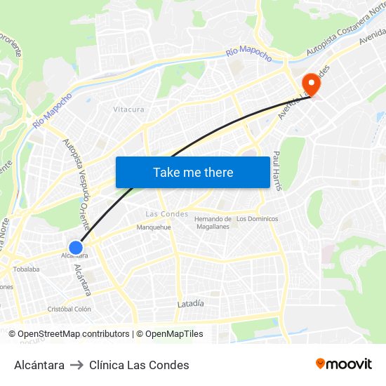 Alcántara to Clínica Las Condes map