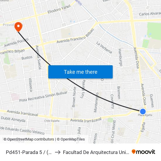 Pd451-Parada 5 / (M) Plaza Egaña to Facultad De Arquitectura Universidad Finis Terrae map
