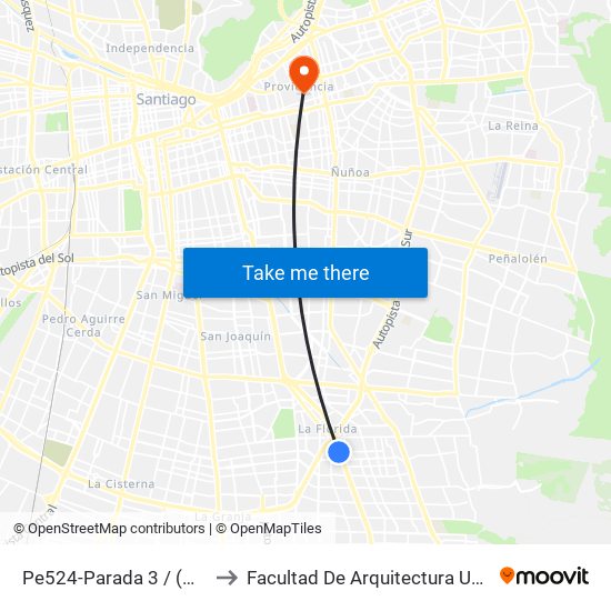 Pe524-Parada 3 / (M) Vicente Valdés to Facultad De Arquitectura Universidad Finis Terrae map