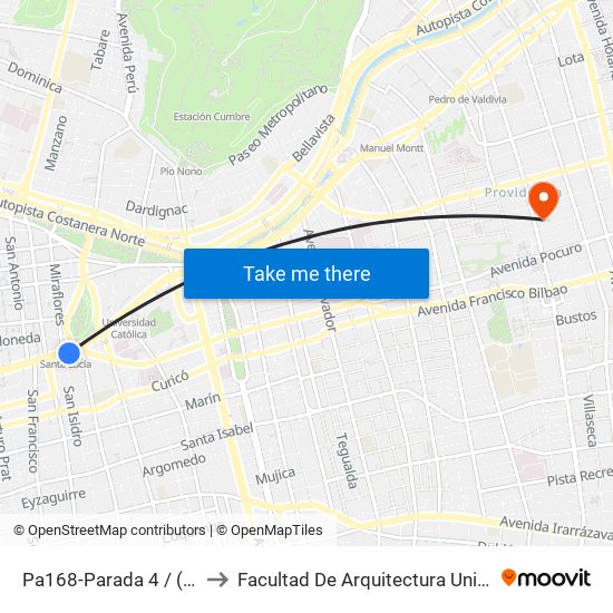 Pa168-Parada 4 / (M) Santa Lucía to Facultad De Arquitectura Universidad Finis Terrae map