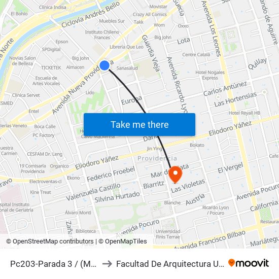 Pc203-Parada 3 / (M) Pedro De Valdivia to Facultad De Arquitectura Universidad Finis Terrae map